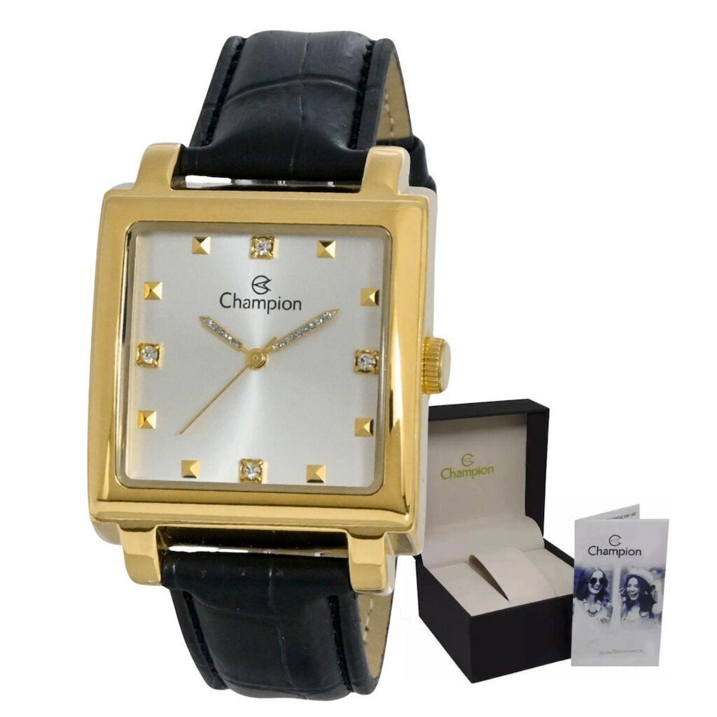 Relógio Champion Quadrado Dourado Pulseira em Couro