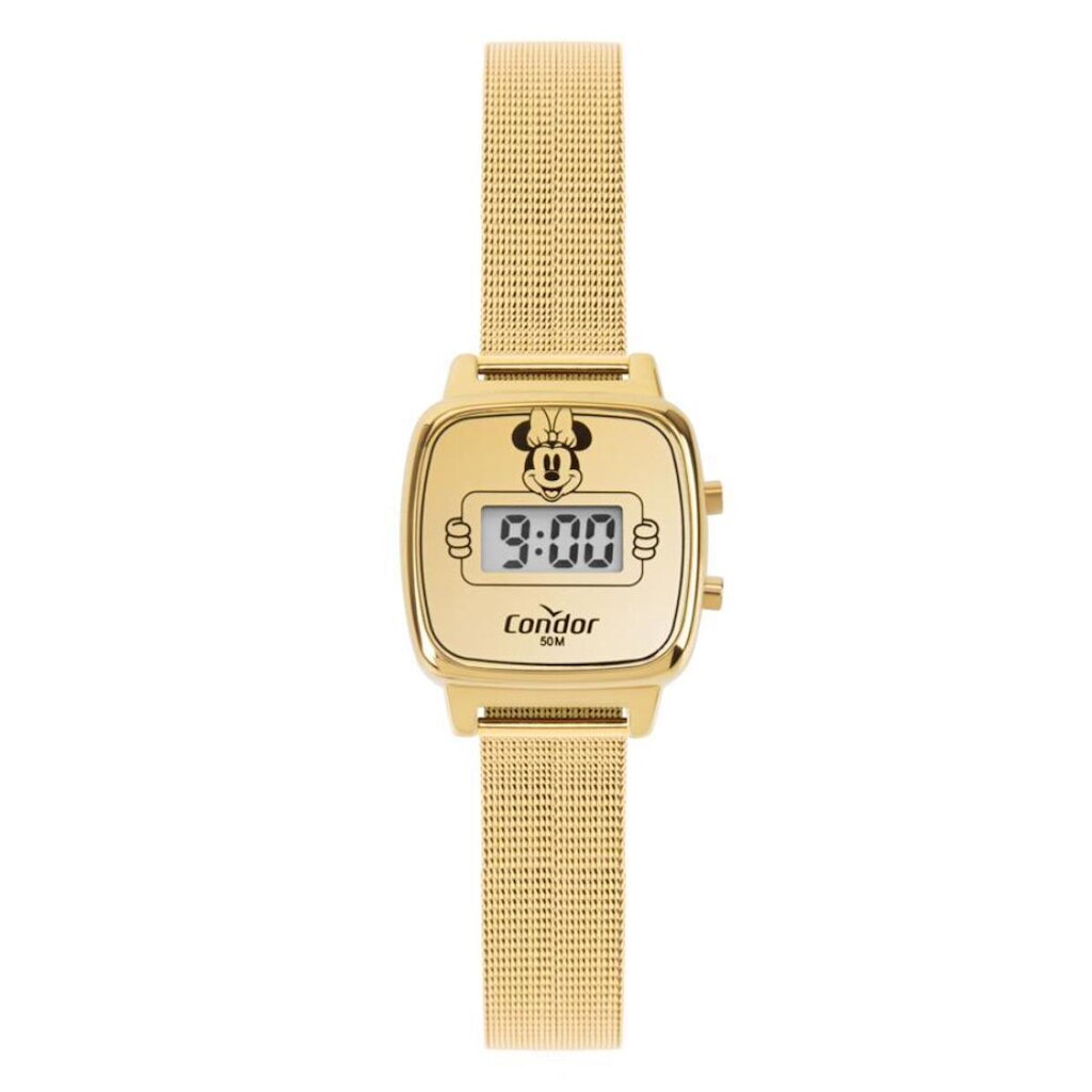 Relógio Condor Feminino Ref: Cofs365ab/4d Mesh Retangular Digital Minnie Dourado