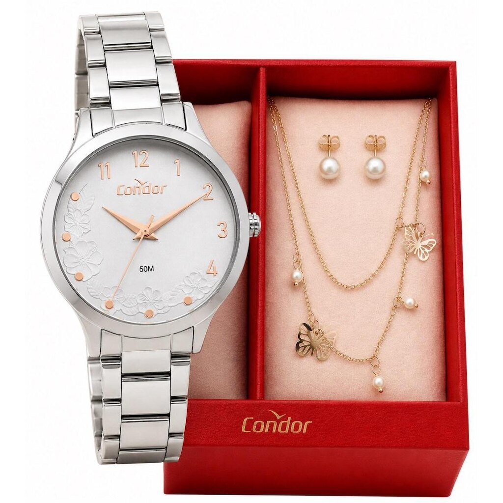 Relógio Condor Luxo Feminino Prata Rose Kit Colar Borboletas