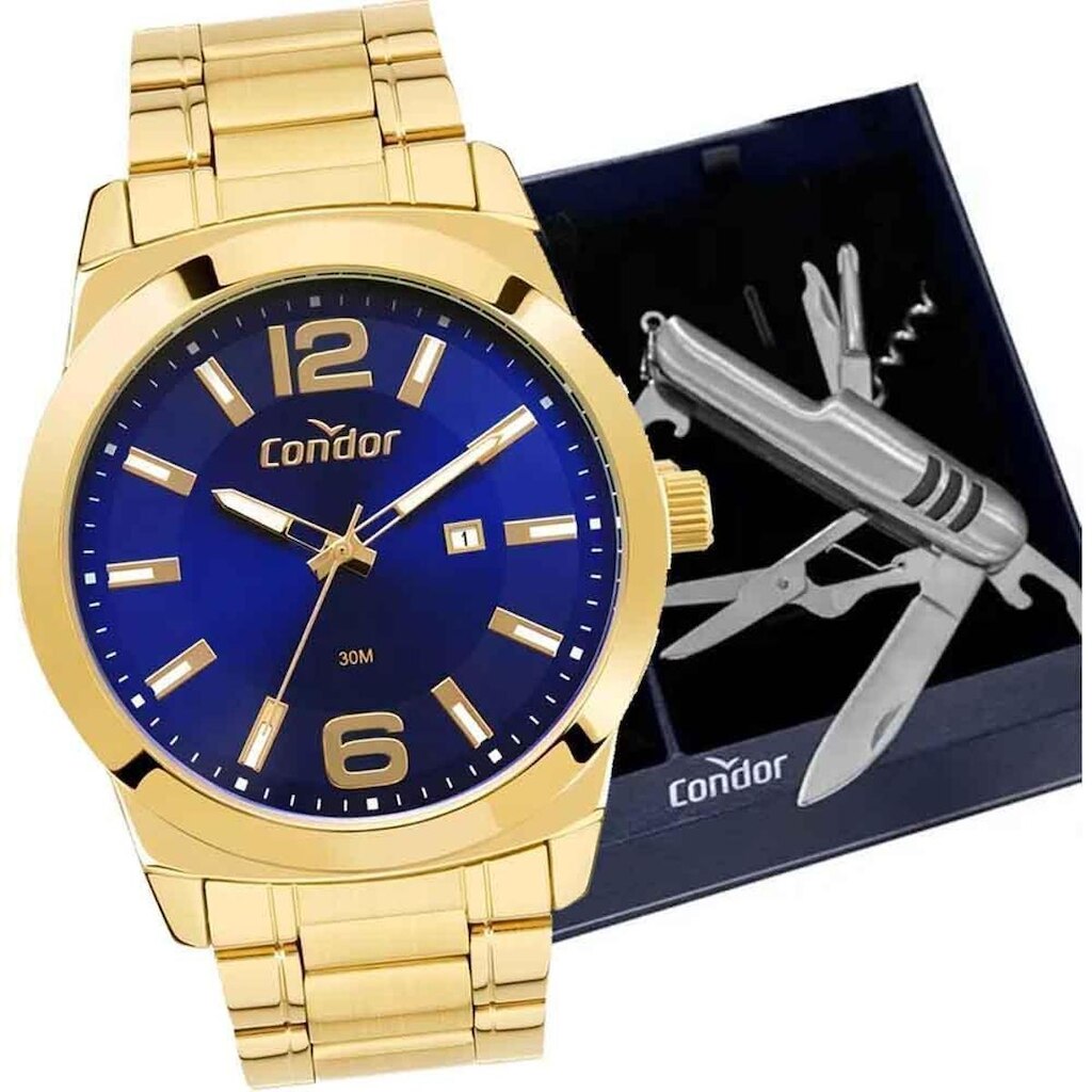 Relógio Condor Masculino Dourado Fundo Azul CO2115MXT/K4A