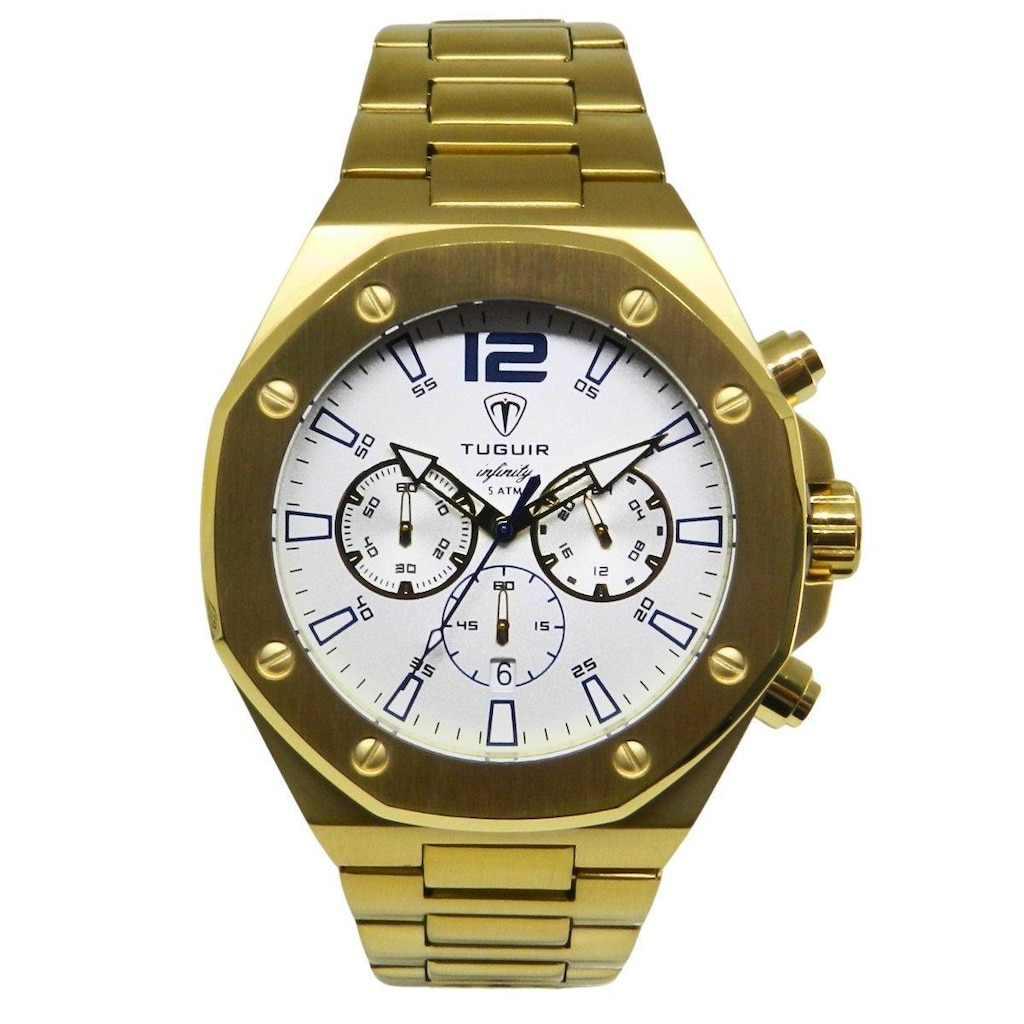 Relógio Cronógrafo Masculino de Aço Tuguir Analógico Infinity GCS-1271 Dourado e Branco