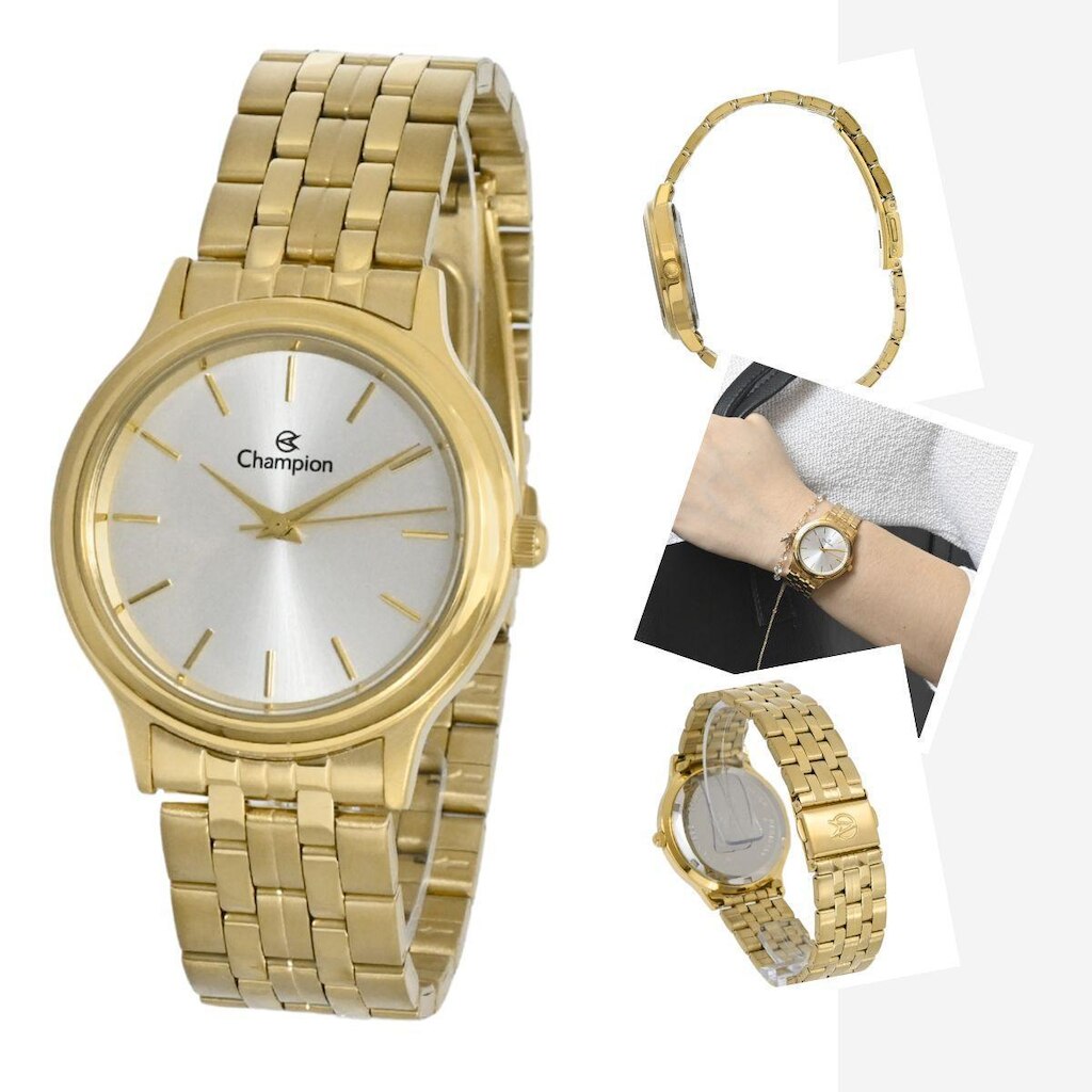 Relógio Dourado Champion Feminino Pulseira em Aço Resistente