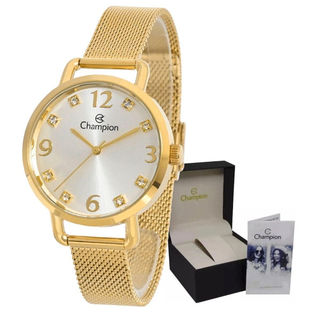 Relógio Dourado Feminino Original com Pedras Cravejadas