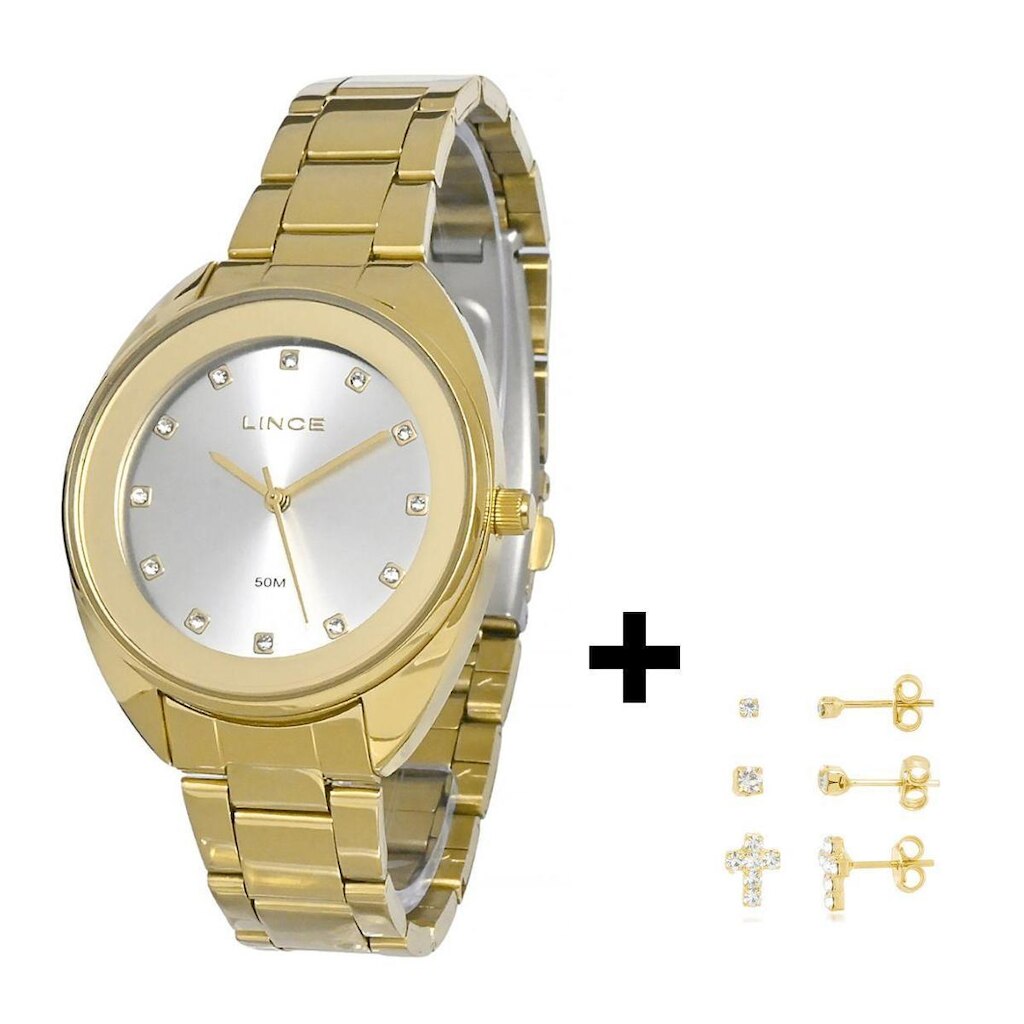 Relogio Dourado Pulso Feminino Lince Analogico + Brinco