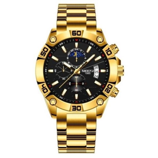Relógio esportivo masculino dourado preto Nibosi 2502 - Dourado+Preto Menor preço em Relógio esportivo masculino dourado preto Nibosi 2502 - Dourado+Preto