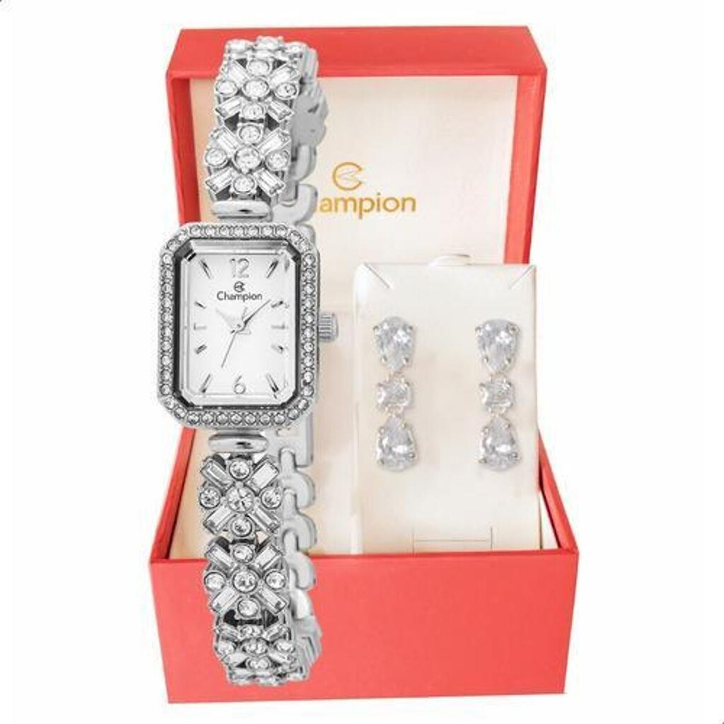 Relógio Feminino Champion Prata Aço Luxo + Brincos CF24715Q