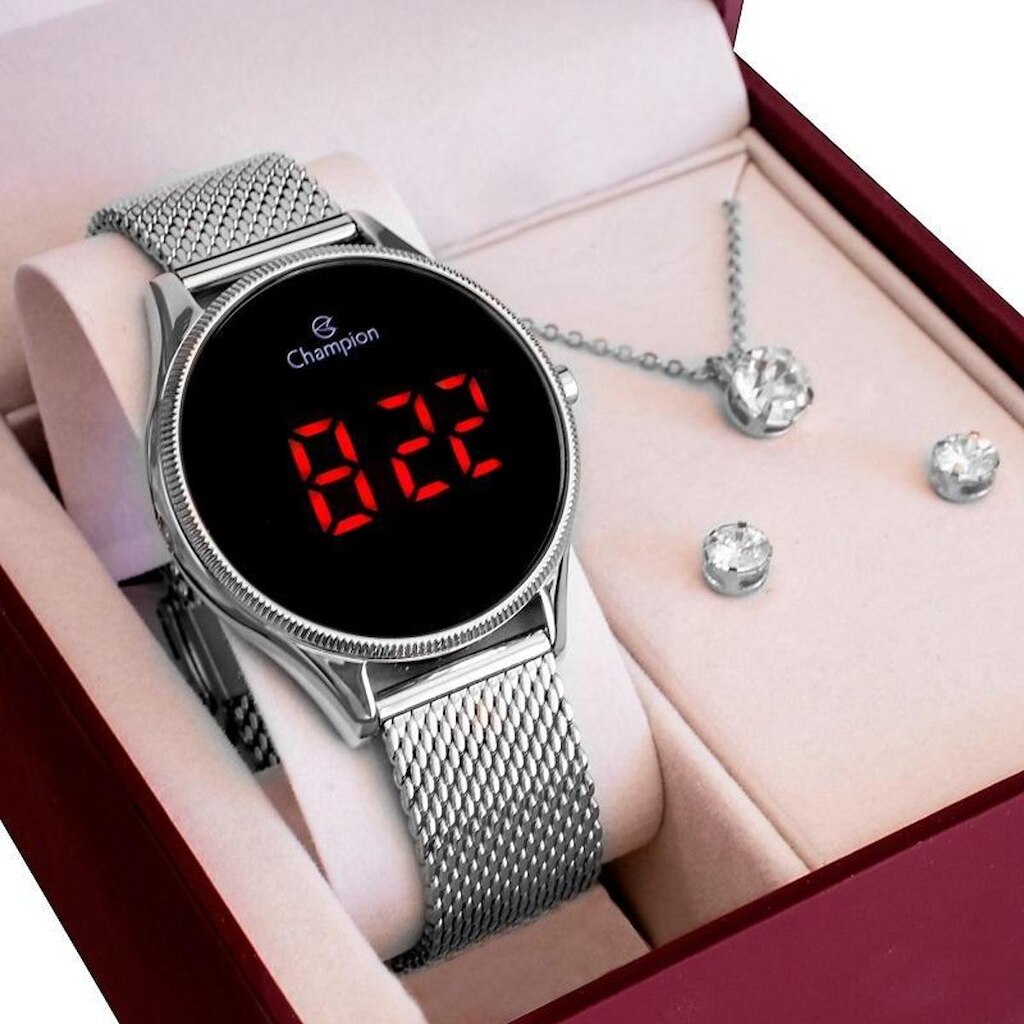 Relógio Feminino Chmapion Digital Pulseira Mesh CH40133T Kit Colar e Brincos