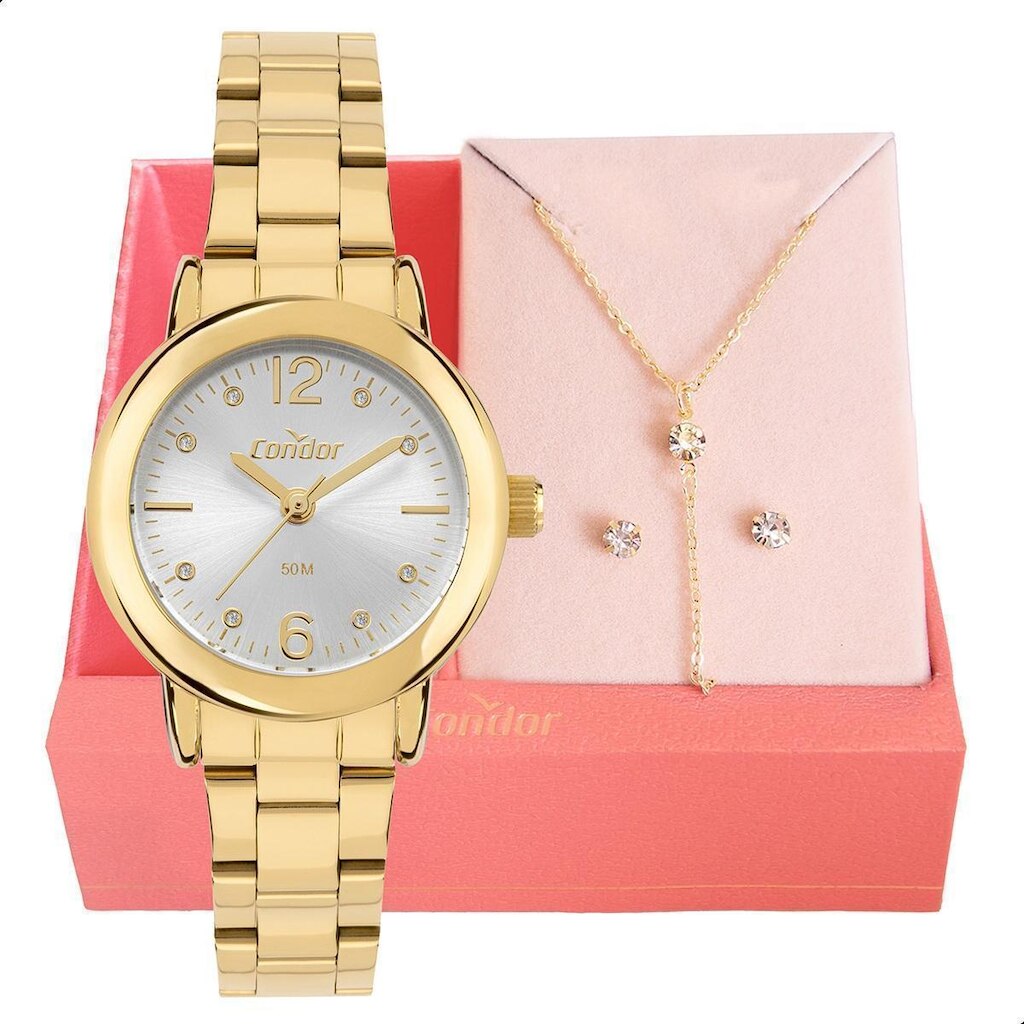 Relógio Feminino Condor Dourado Luxo Colar E Brincos