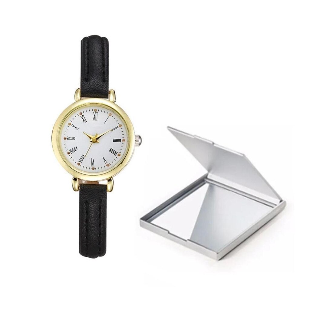 Relógio Feminino Dourado Mini Pulseira Preta Com Espelho
