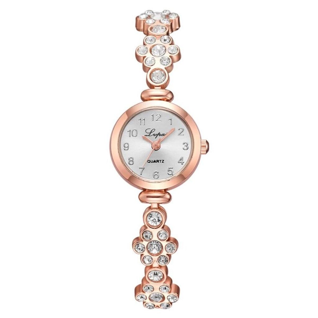 Relógio Feminino Dourado Quartz Pulseira Com Pedras E Flor