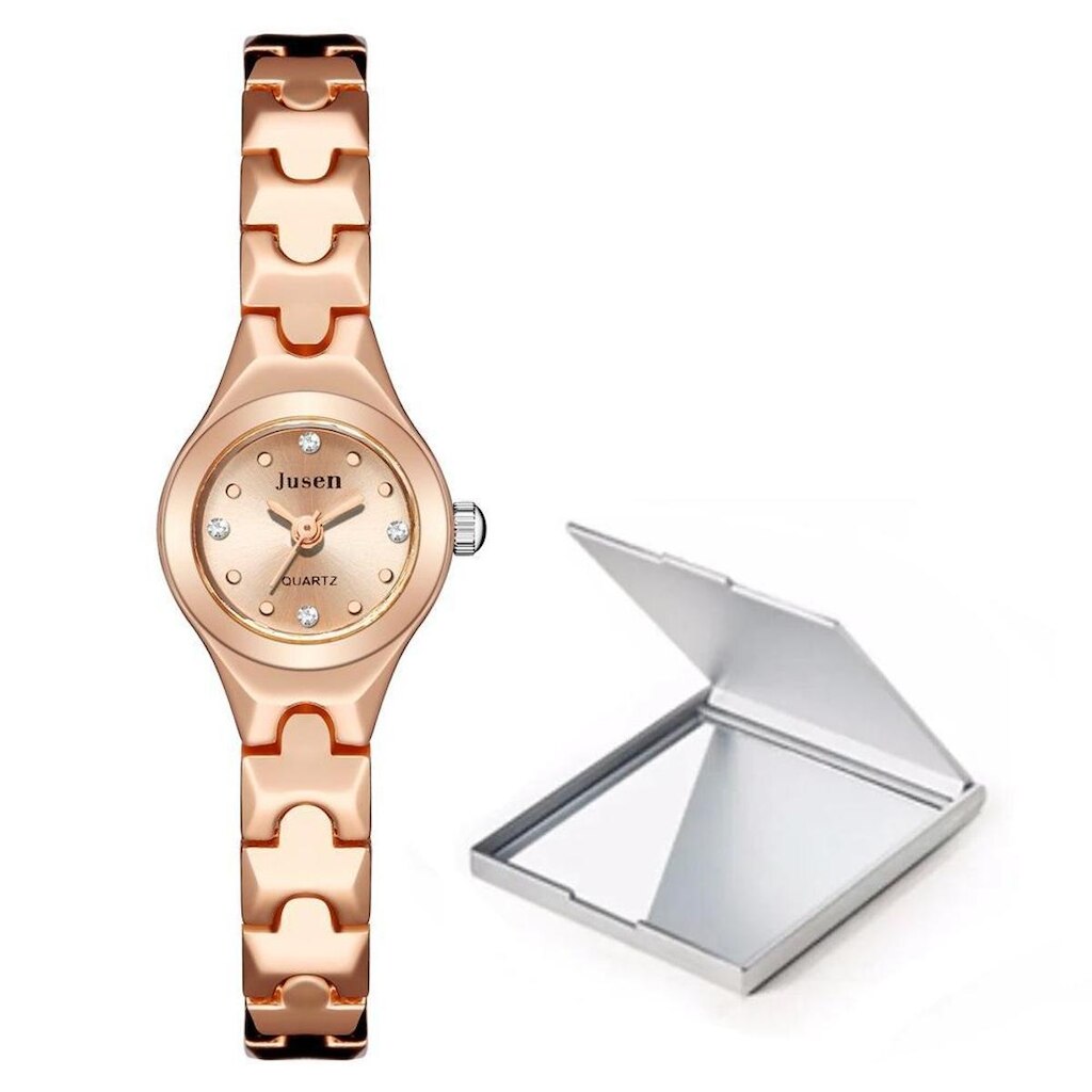 Relógio Feminino Mini Dourado Rosé Analógico Com Espelho