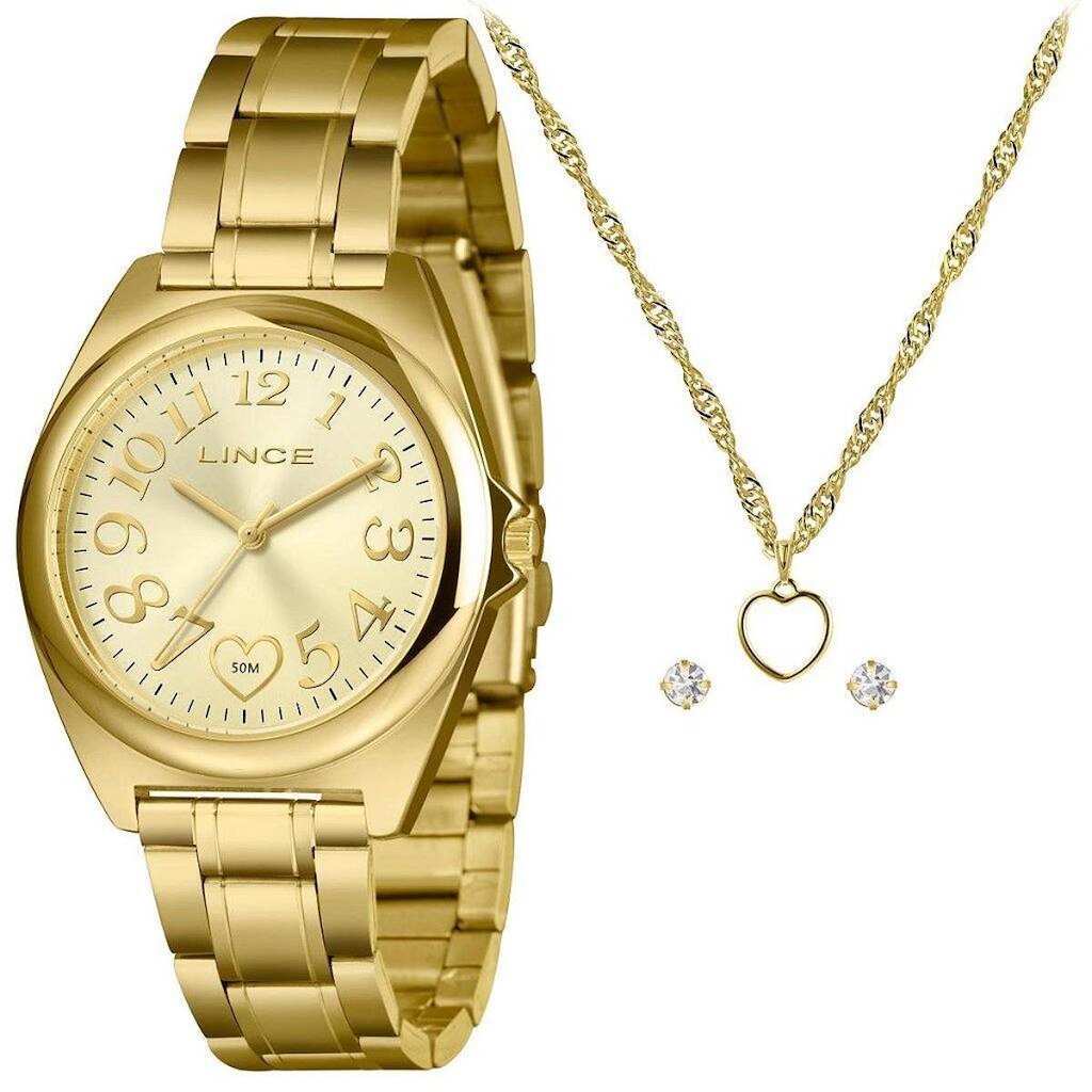 Relógio Lince Feminino Dourado Colar e Brincos LRGM051L38