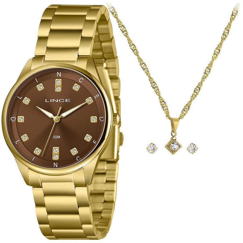 Relógio Lince Feminino Dourado Kit Colar Cristal LRGH246L40