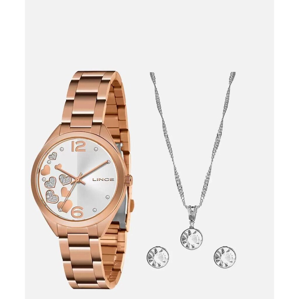 Relógio lince feminino Lrr4710l Rosa Dourado Brinco Colar