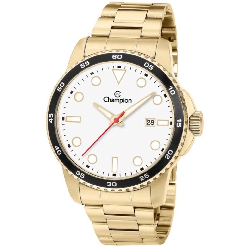 Relógio masc dourado aço inox  aro preto fundo branco
