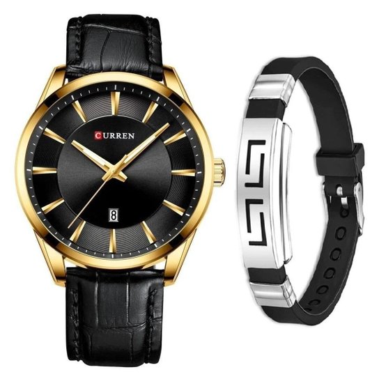 Relógio Masculino Curren Dourado Preto + Pulseira Bracelete - Preto+Dourado Menor preço em Relógio Masculino Curren Dourado Preto + Pulseira Bracelete - Preto+Dourado
