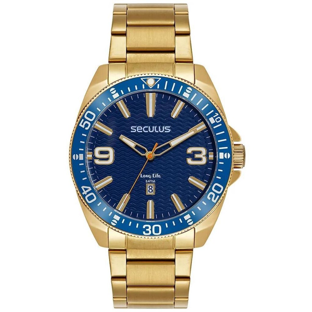 Relógio Masculino Dourado Aço Com Calendário e Visor Azul 77260GPSVDA2