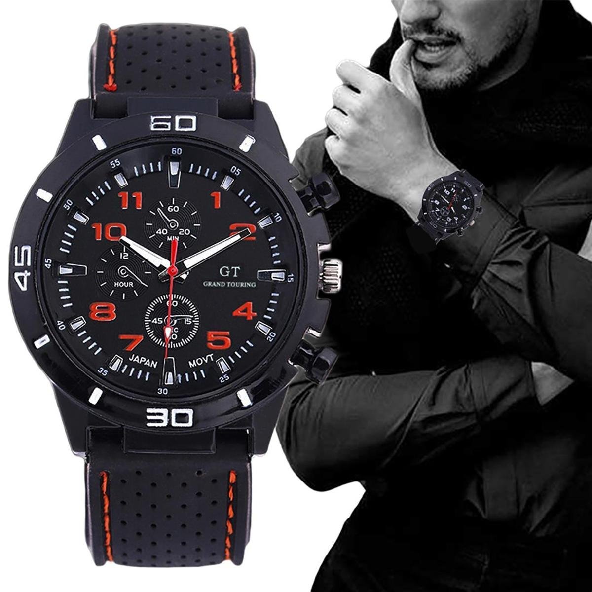 Relógio Masculino Esporte Fino Com Pulseira De Borracha Esportivo Analógico De Pulso Sport - Preto+Azul | Netshoes