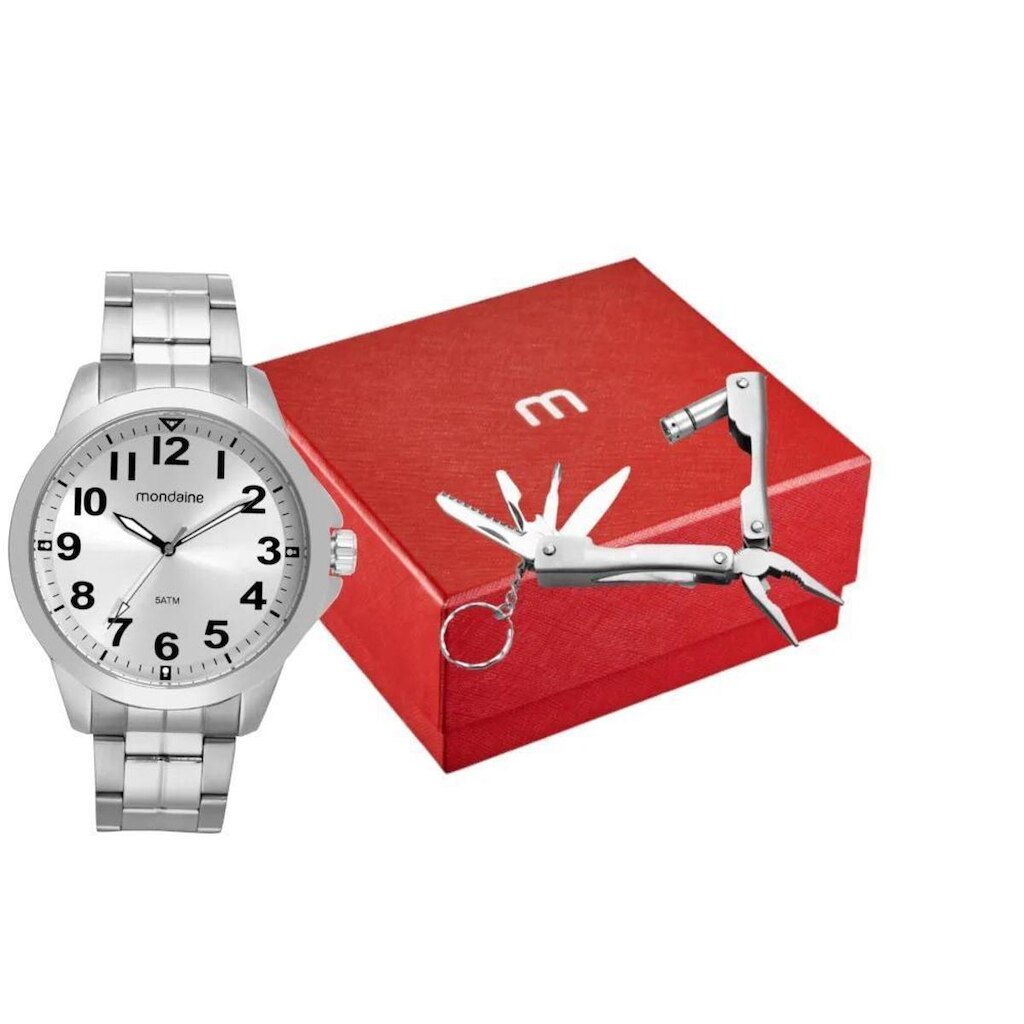 Relógio Masculino Mondaine Casual Prata Com Kit 99686G0MVNE1K2
