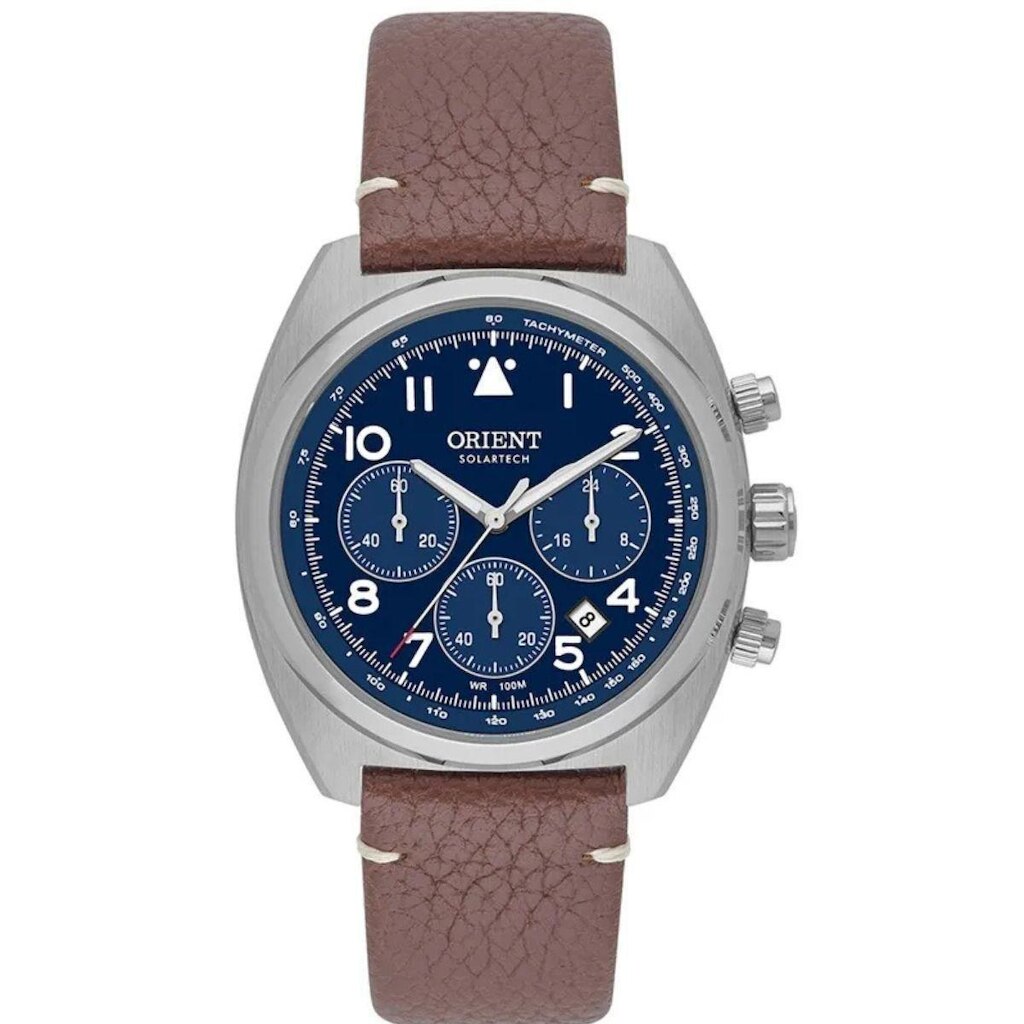 Relógio Masculino Orient Cronógrafo Solartech Original MBSCC69D2NX Pulseira Couro Marrom