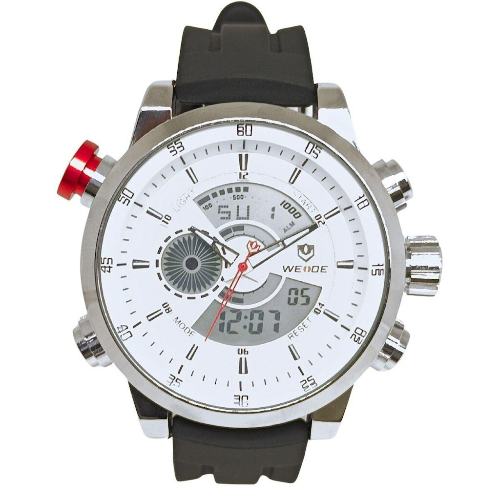 Relógio Masculino Weide AnaDigi WH-3401 Branco e Prata e Vermelho