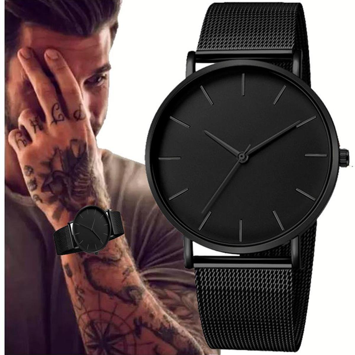 Relógio Minimalista Masculino Casual De Malha Ultrafina Inox - Preto ...