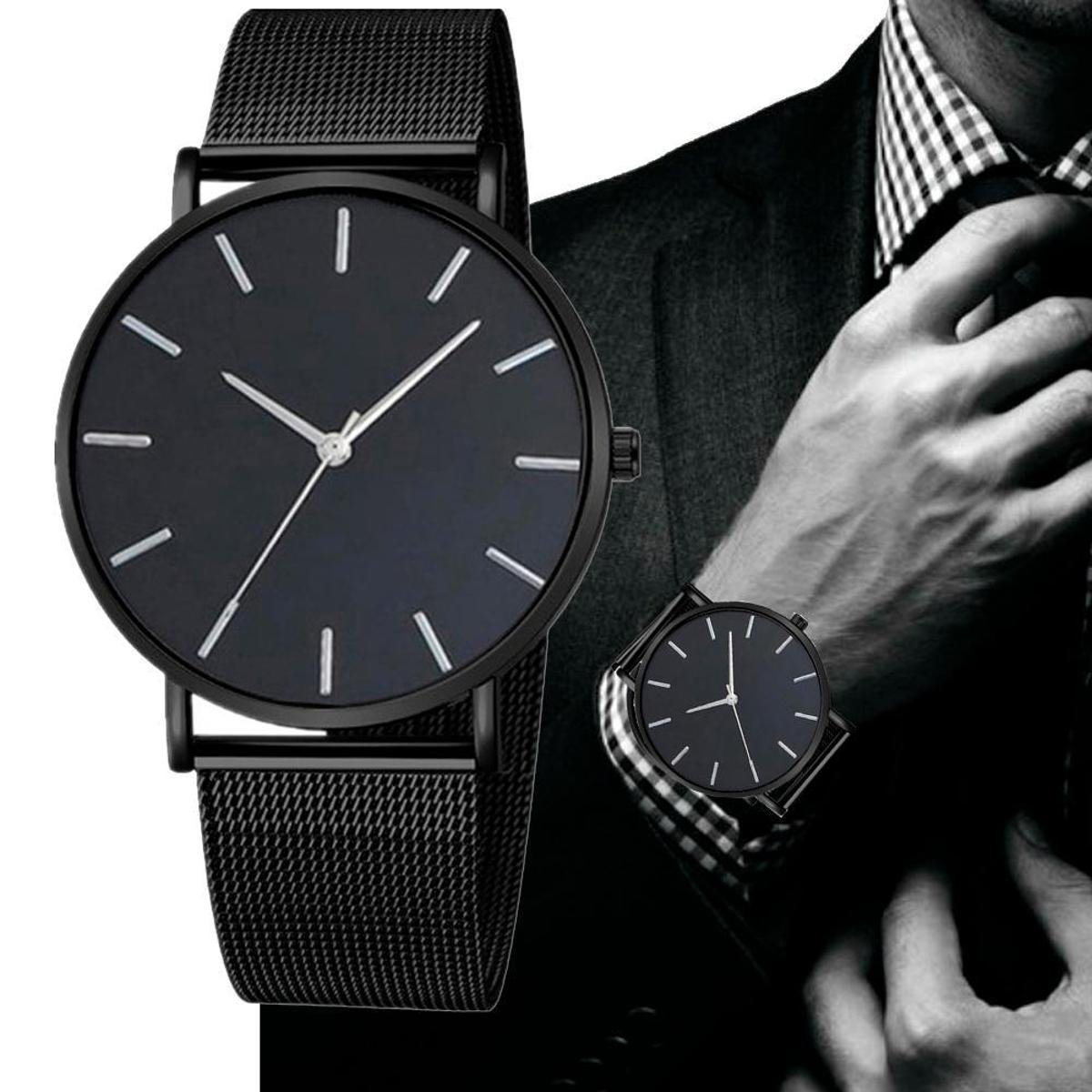 Relógio Minimalista Masculino Ponteiro Preto De Malha Inox - Preto ...