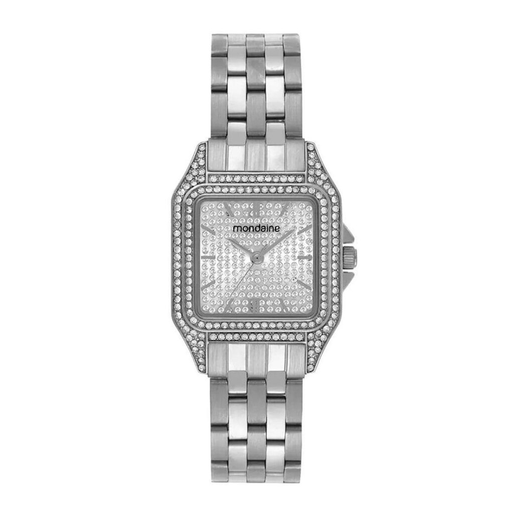 Relógio Mondaine Feminino Quadrado Retangular Cristais Prata 32825L0MVNE2