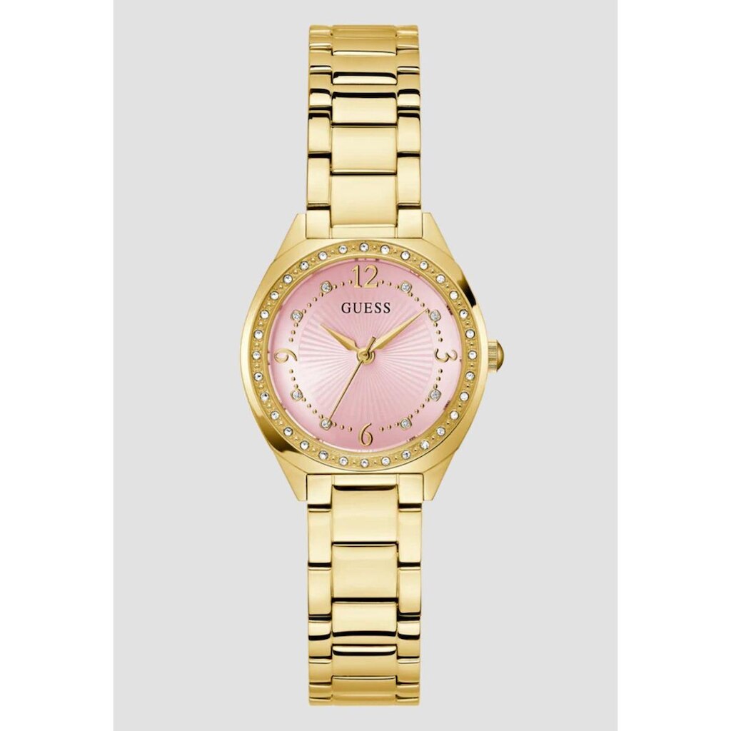 Relógio Redondo Cravejado Rosa Dourado