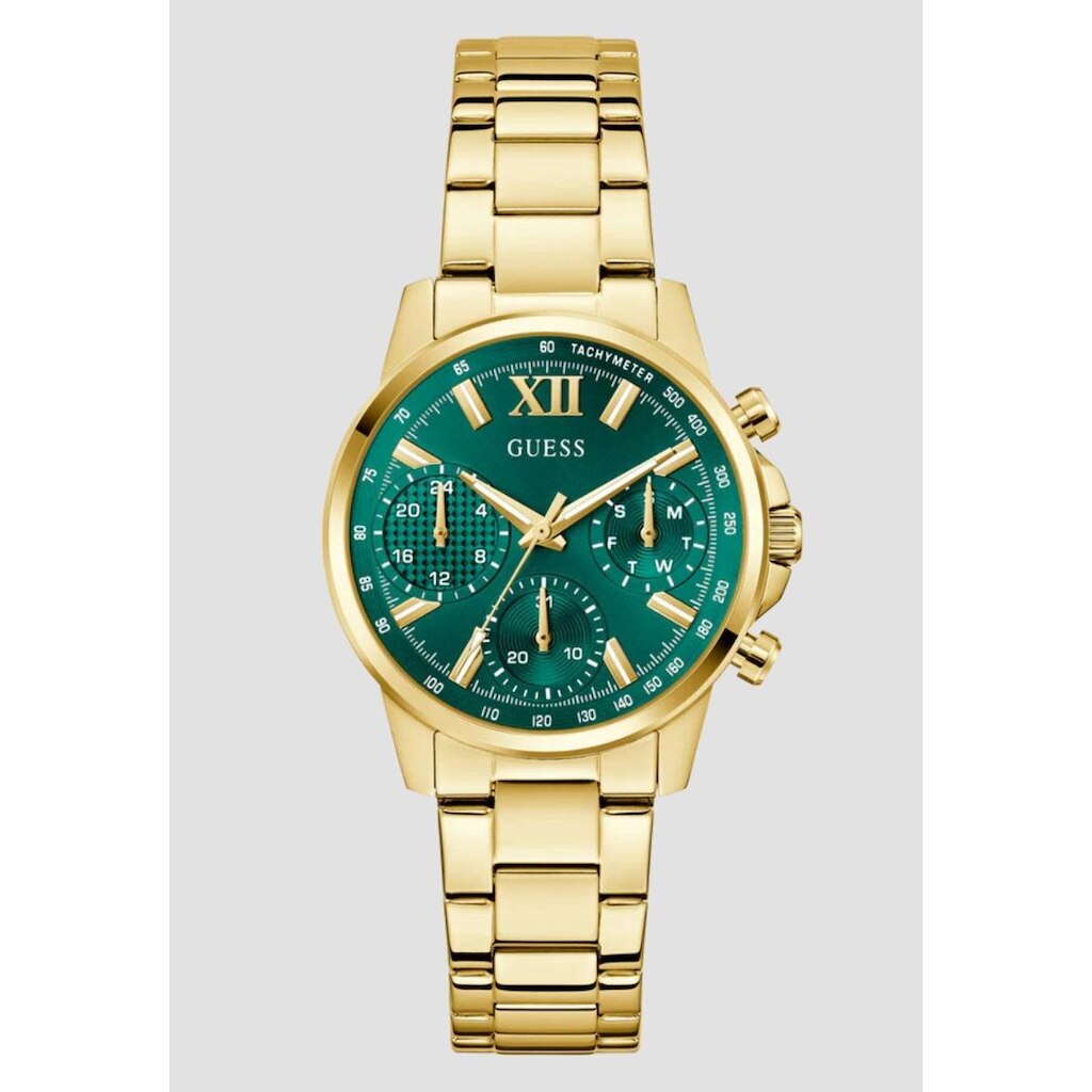 Relógio Redondo Multifuncional Guess Aço Verde Dourado