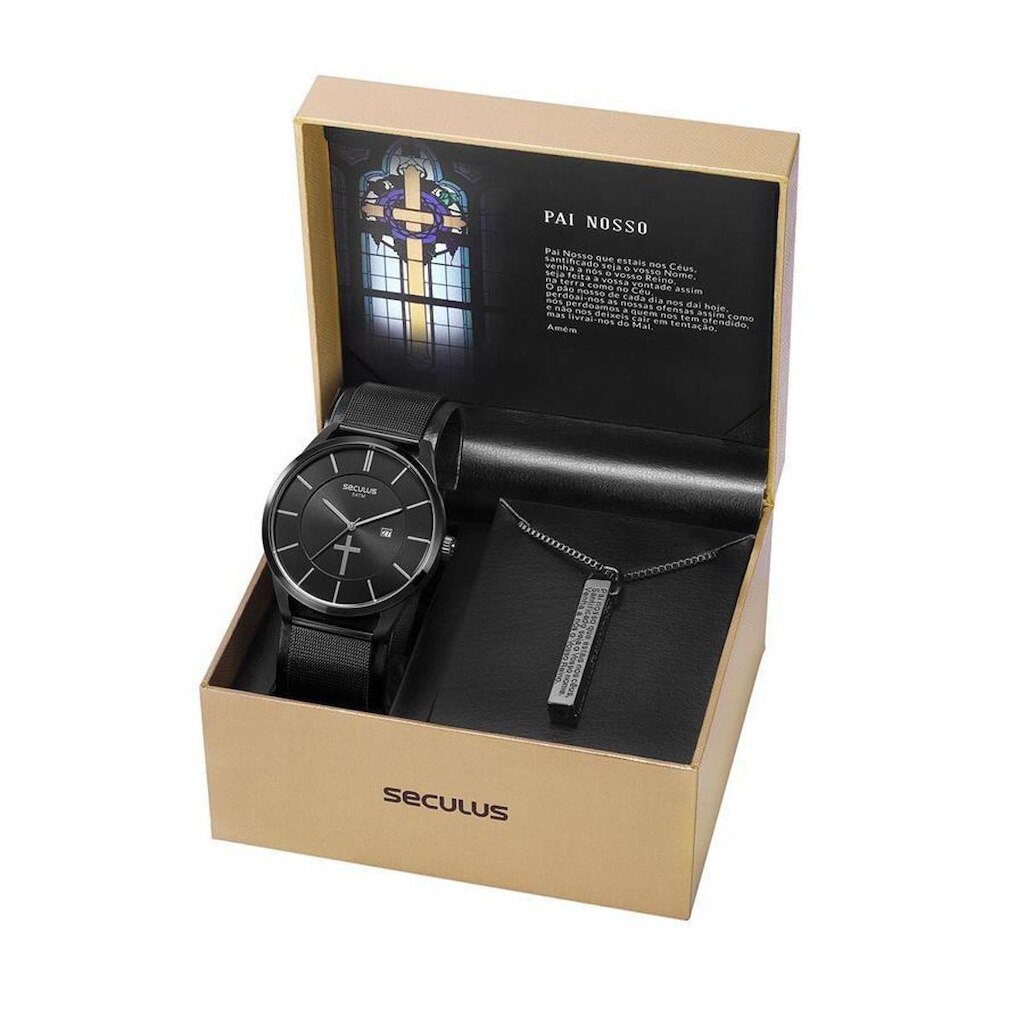 Relógio Seculus   0gpskpa Black Oração Pai Nosso