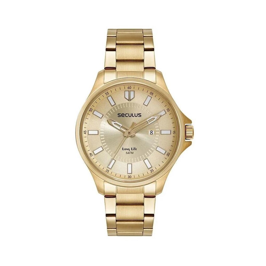 Relógio Seculus Masculino Dourado Calendario 77199gpsvda2