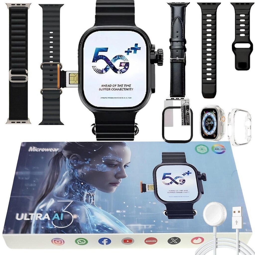Relógio Smart Watch Ultra 3 AI 5G Wifi Chip Nfc Gps ChatGpt Baixa Aplicativos Android iOS
