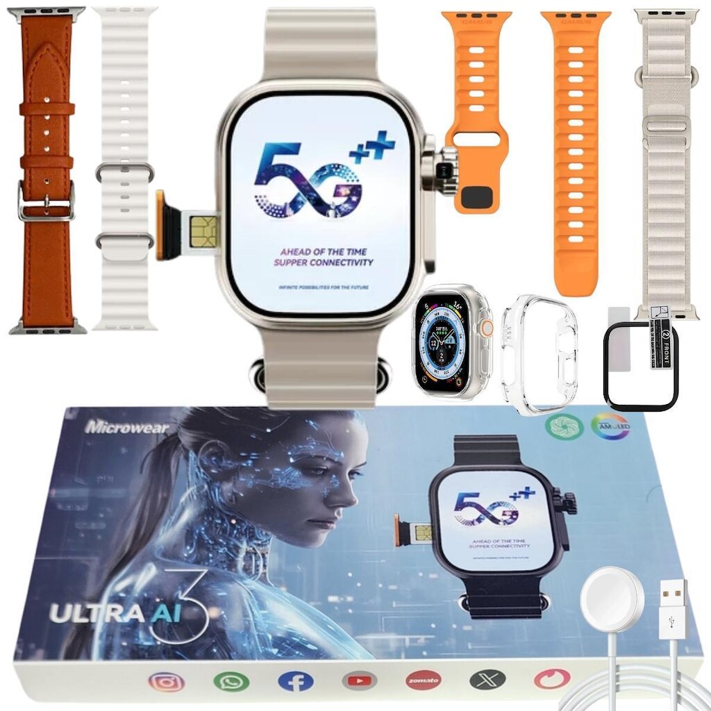 Relógio Smart Watch Ultra 3 AI 5G Wifi Chip Nfc Gps ChatGpt Baixa Aplicativos Android iOS