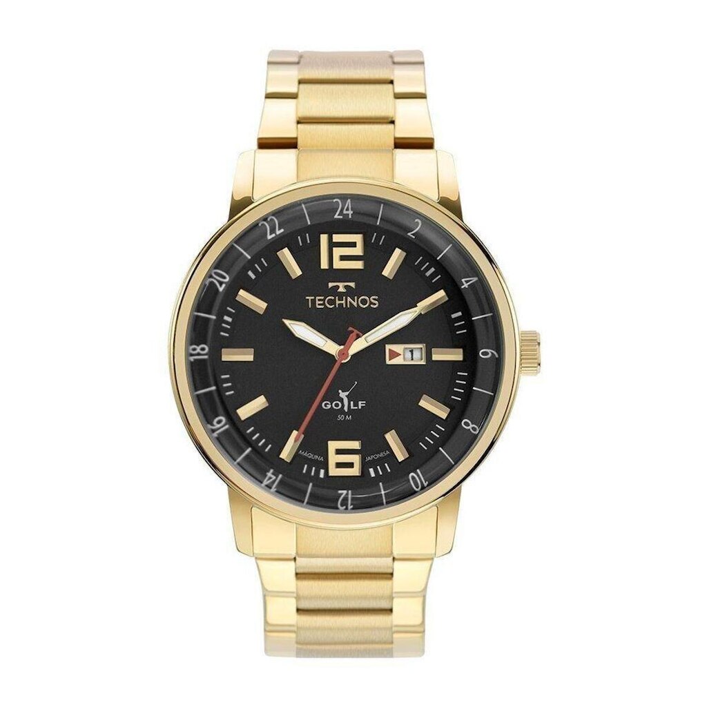 Relógio Technos Masculino Dourado Classic Golf Fundo Preto 2115MWD/1P
