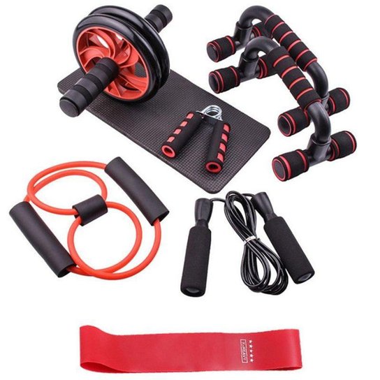 roda abdominal flexão corda pular elástico handgrip kit 7x1 - Preto+Vermelho Menor preço em roda abdominal flexão corda pular elástico handgrip kit 7x1 - Preto+Vermelho