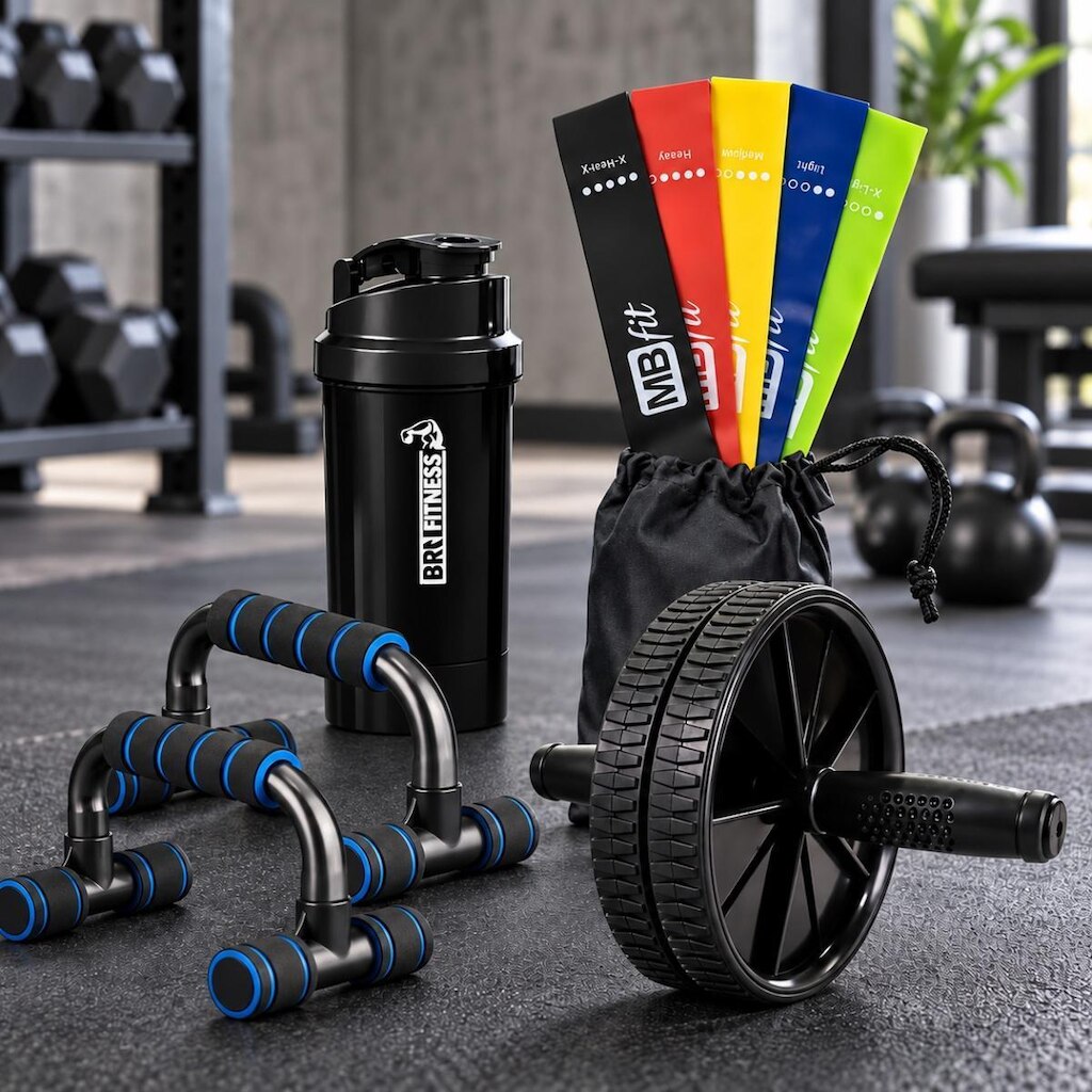 Roda + Barra Flexão + Theraband + Garrafa Shaker Performance