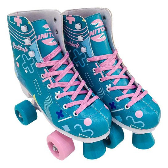 Roller Patins Infantil Feminino 4 Rodas Quad Menina - Azul Piscina+Rosa Menor preço em Roller Patins Infantil Feminino 4 Rodas Quad Menina - Azul Piscina+Rosa
