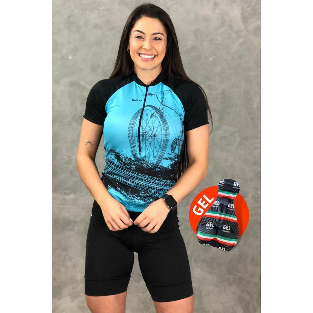 Roupa de Ciclismo Feminina Camiseta e Short de Gel Com Bolsos