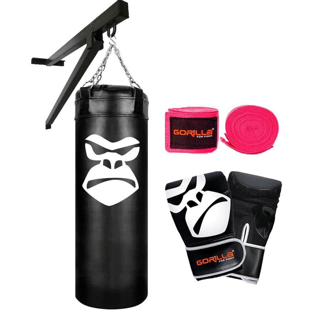 Saco De Pancada 90 Cm Gorilla + Luva Bate Saco PRO + Bandagem Elástica 3 Metros + Suporte Parede