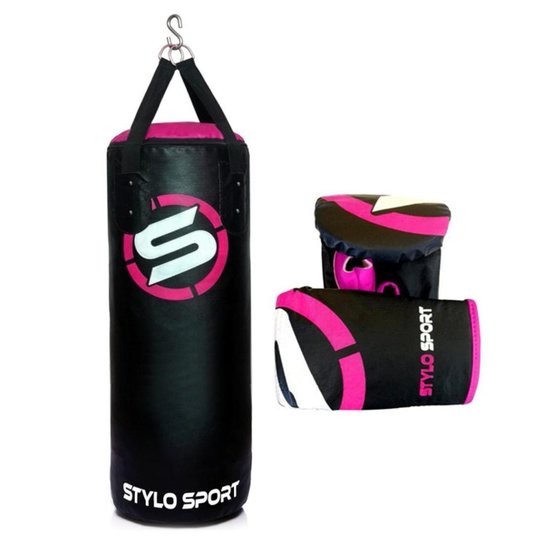 SACO DE PANCADA STYLO 90X100 + 1 PAR LUVA PRETO COM ROSA - Preto+Rosa Menor preço em SACO DE PANCADA STYLO 90X100 + 1 PAR LUVA PRETO COM ROSA - Preto+Rosa