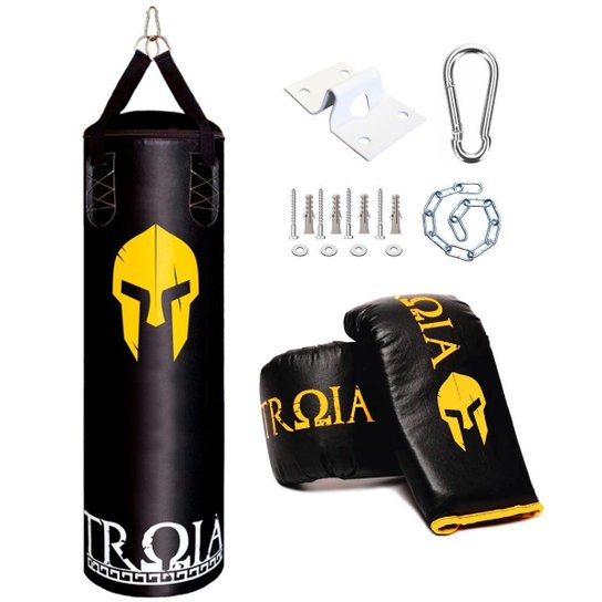 SACO DE PANCADA TRÓIA 120x100 VAZIO+LUVA+SUPORTE - Preto+Amarelo Menor preço em SACO DE PANCADA TRÓIA 120x100 VAZIO+LUVA+SUPORTE - Preto+Amarelo