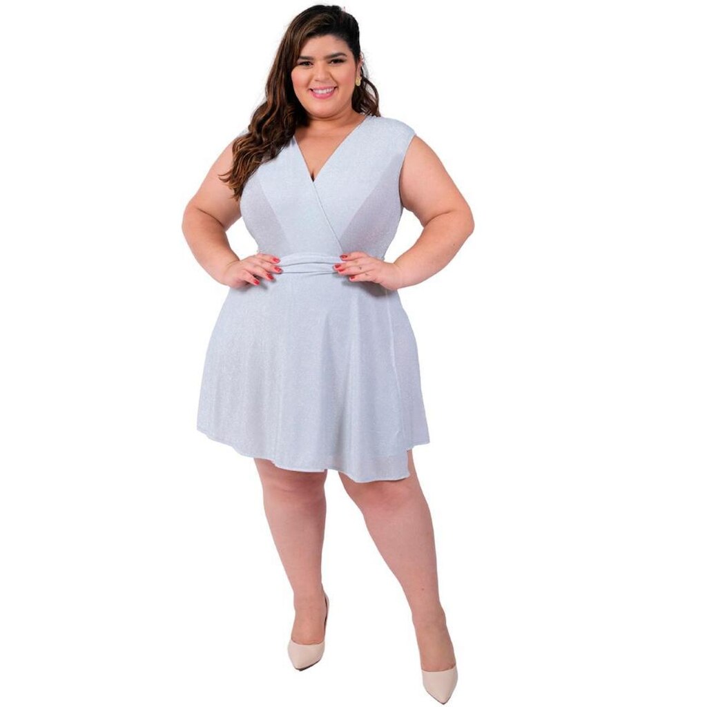 Saia Brilho Lurex Envelope Curta Transpassada Plus Size Catwalk Feminina Branca