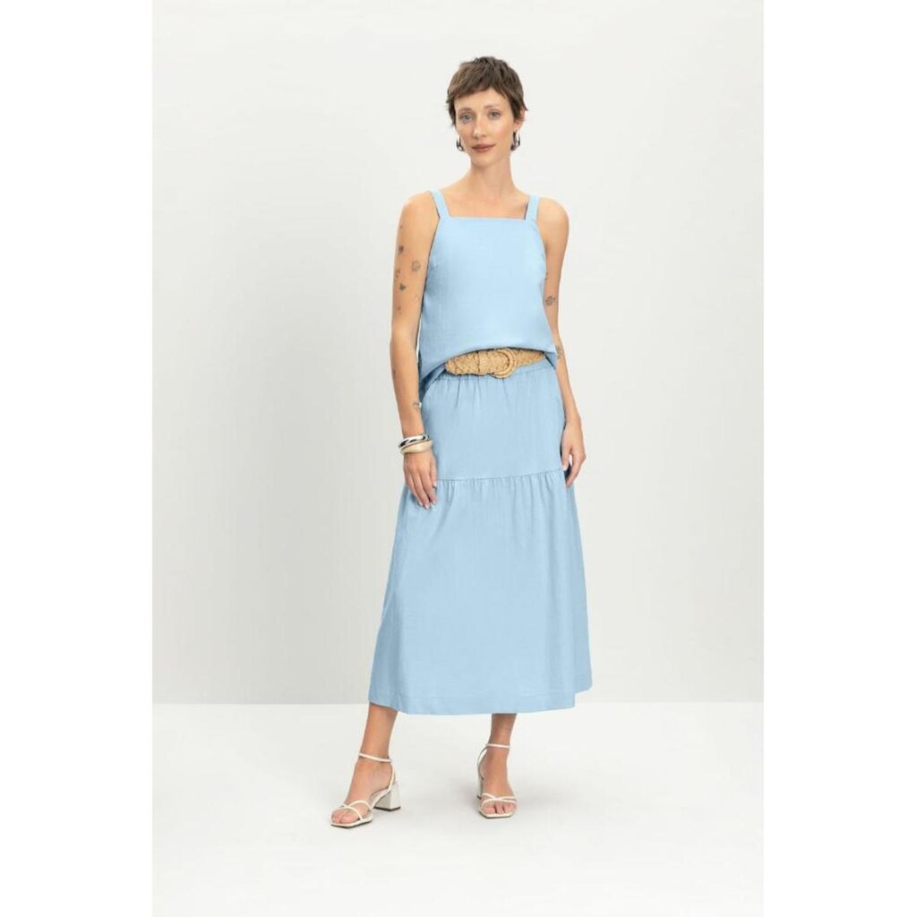 Saia feminina midi em linho Essendi -AZUL CLARO