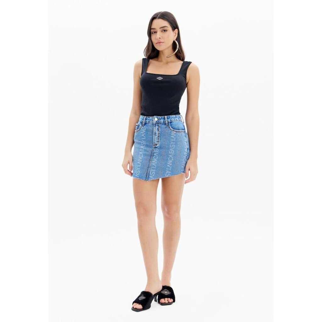 Saia Jeans Comfort Com Cintura Alta E Brilhos