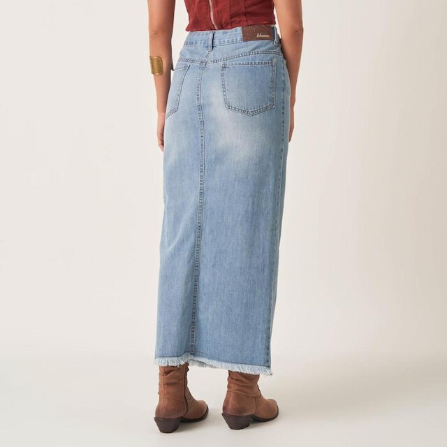 Saia Jeans Longa Abertura Botões Lateral