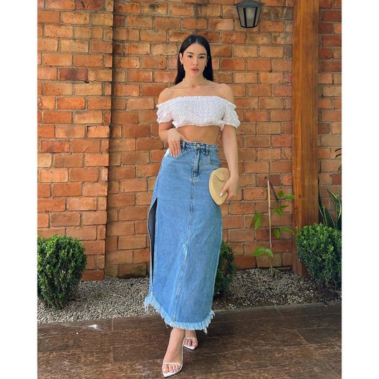 Saia Jeans Longa Feminina Cintura Alta Fenda 23002 Média Consciência