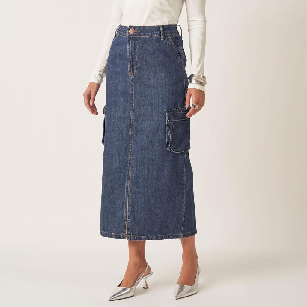 Saia Jeans Longa Fenda E Bolso Fole