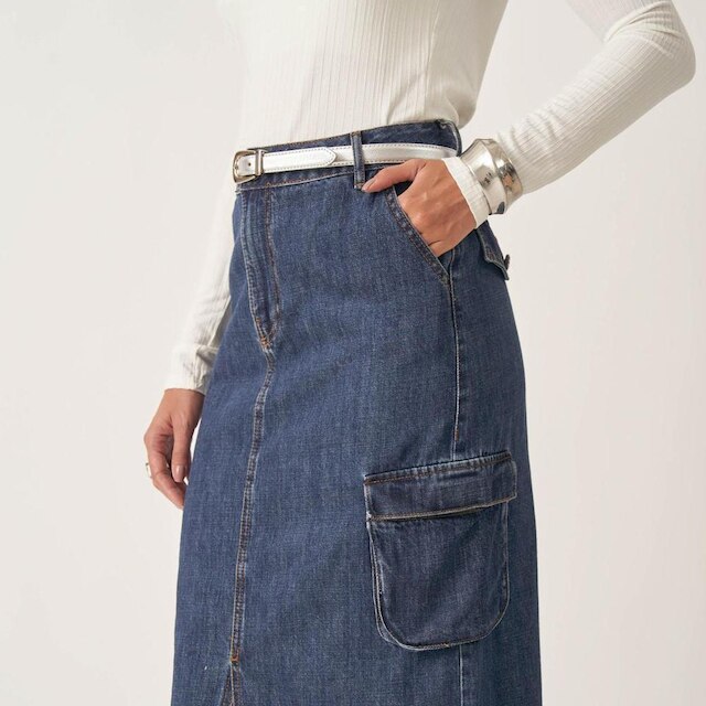 Saia Jeans Longa Fenda E Bolso Fole