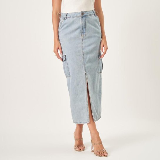 Saia Jeans Longa Reta Fenda Frontal Cargo Delavê